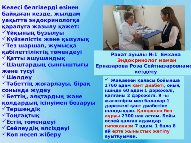 Келесі белгілерді өзінен байқаған кезде, жылдам уақытта эндокринологқа қаралуға жазылу қажет:  Ұйқының бұзылуы Күйзелістік және қызулық Тез шаршап, жұмысқа қабілеттіліктің төмендеуі Қатты ашушандық Шаштардың сынғыштығы және түсуі Шөлдеу Тәбеттің жоғарлауы, бірақ сонында жүдеу Беттің, аяқтардың және қолдардың ісінуімен бозаруы Тершеңдік Тоңғақтық Естің төмендеуі Сөйлеудің әлсіздеуі Көп несеп жіберу   Рахат ауылы №1 Емхана Эндокринолог маман Ерназарова Роза Сейтназаровнамен кездесу  Жаңаөзен қаласы бойынша 1760 адам қант диабеті , оның ішінде 60 адам 1 дәрежелі, қалғаны 2 дәрежелі. 9 –ы жасөспірім мен балалар 1 дәрежелі қант диабетіне шалдыққан. Қалқанша без ауруы 2300 нан астам. Бойы өспей қалған адамдар гипоканизм 7 адам. 1 бала 8 ай ерте жыныстық жетілу ауытқуымен. 