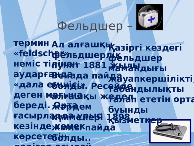 Фельдшер – термин «feldscher» - неміс тілінен аударғанда «дала емшісі» деген мағына береді. Орта ғасырларда ұрыс кезінде көмек көрсететін дәрігер осылай аталған. Ал алғашқы фельдшерлік пункт 1881 жылы Венада пайда болды. Ресейде алғашқы жедел жәрдем күймелері 1898 жылы пайда болды.. Қазіргі кездегі фельдшер мамандығы жауапкершілікті, табандылықты талап ететін орта буынды қызметкер 