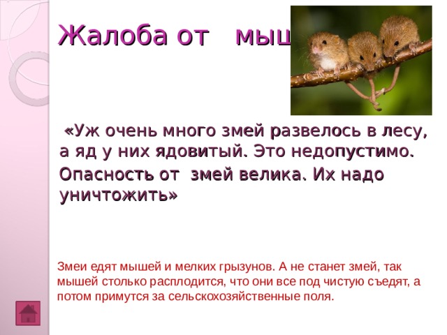 Жалоба от мышей  «Уж очень много змей развелось в лесу, а яд у них ядовитый. Это недопустимо. Опасность от змей велика. Их надо уничтожить» Змеи едят мышей и мелких грызунов. А не станет змей, так мышей столько расплодится, что они все под чистую съедят, а потом примутся за сельскохозяйственные поля.