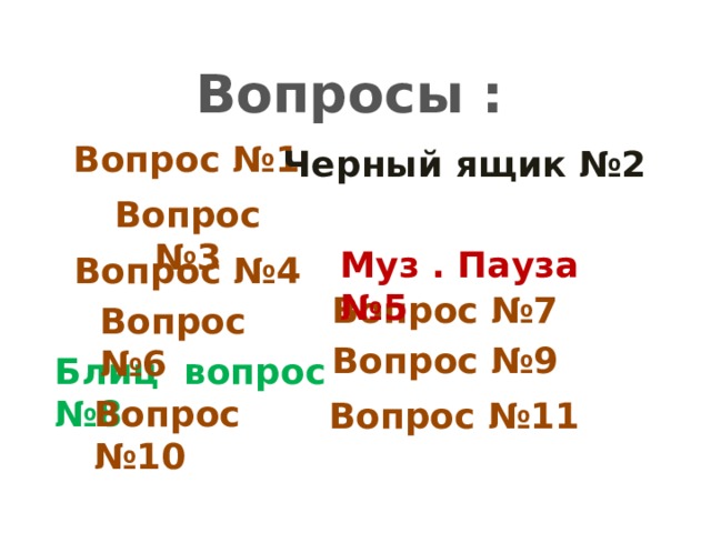 Вопросы : Вопрос №1 Черный ящик  №2 Вопрос №3 Муз . Пауза №5 Вопрос №4 Вопрос №7 Вопрос №6 Вопрос №9 Блиц вопрос №8  Вопрос №10 Вопрос №11 