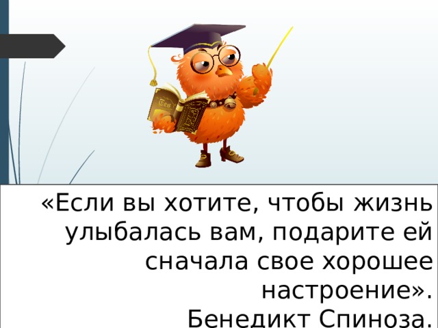  «Если вы хотите, чтобы жизнь улыбалась вам, подарите ей сначала свое хорошее настроение». Бенедикт Спиноза. 