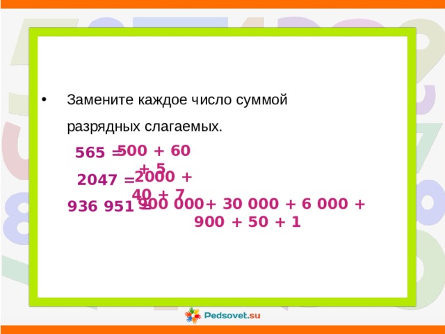 Замените каждое число суммой разрядных слагаемых.  565 =   2047 =   936 951 =  500 + 60 + 5  2000 + 40 + 7  900 000+ 30 000 + 6 000 + 900 + 50 + 1 
