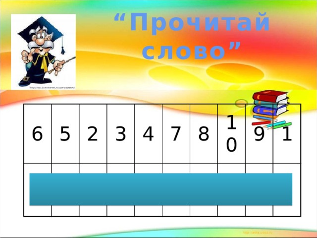 “ Прочитай слово” 6 в 5 2 и 3 е ж 4 л 7 8 о 10 с 9 ь т 1 в 