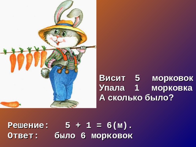 Висит 5 морковок Упала 1 морковка А сколько было? Решение: 5 + 1 = 6(м). Ответ: было 6 морковок 