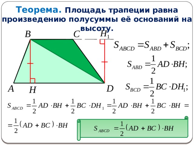 Теорема.  Площадь трапеции равна произведению полусуммы её оснований на высоту. B C A D H 