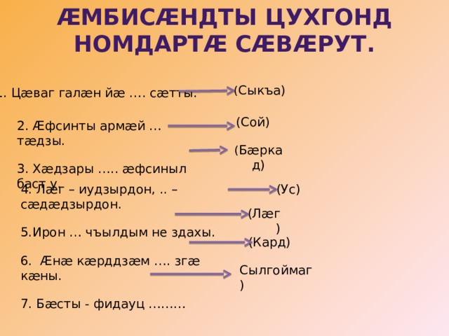 Æмбисæндты цухгонд номдартæ СÆвæрут. ( Сыкъа) 1 . Цæваг галæн йæ …. сæтты. (Сой) 2. Æфсинты армæй …тæдзы. 3. Хæдзары ….. æфсиныл баст у. ( Бæркад) (Ус) 4. Лæг – иудзырдон, .. – сæдæдзырдон. 5.Ирон … чъылдым не здахы. 6. Æнæ кæрддзæм …. згæ кæны. 7. Бæсты - фидауц ……… (Лæг) (Кард) Сылгоймаг) 