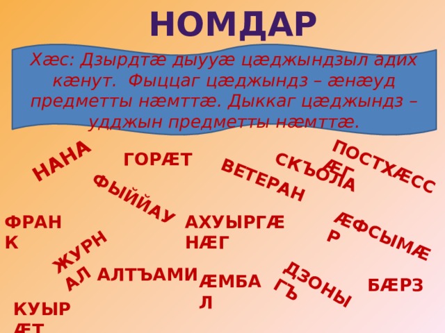 НОМДАР НАНА СКЪОЛА ÆФСЫМÆР ЖУРНАЛ ВЕТЕРАН ПОСТХÆССÆГ ДЗОНЫГЪ ФЫЙЙАУ Хæс: Дзырдтæ дыууæ цæджындзыл адих кæнут. Фыццаг цæджындз – æнæуд предметты нæмттæ. Дыккаг цæджындз – удджын предметты нæмттæ. ГОРÆТ АХУЫРГÆНÆГ ФРАНК АЛТЪАМИ ÆМБАЛ БÆРЗ КУЫРÆТ 