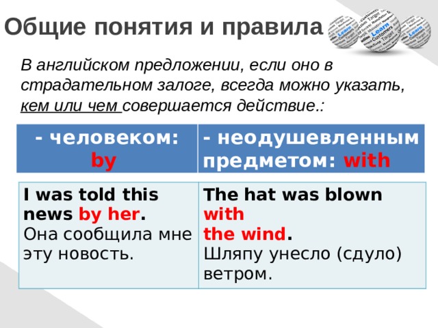  Общие понятия и правила В английском предложении, если оно в страдательном залоге, всегда можно указать, кем или чем совершается действие.: - человеком: by  - неодушевленным предметом: with I was told this news by her . Она сообщила мне The hat was blown with эту новость. the  wind . Шляпу унесло (сдуло) ветром. 