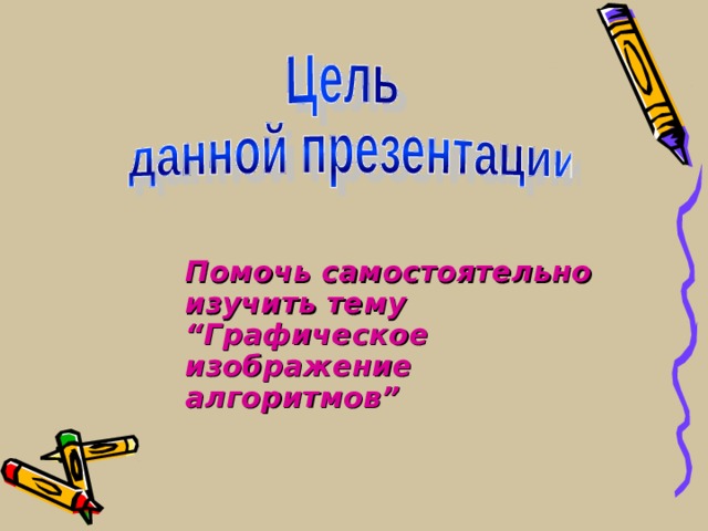   Помочь самостоятельно изучить тему “ Графическое изображение алгоритмов ” 