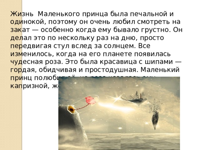 Жизнь Маленького принца была печальной и одинокой, поэтому он очень любил смотреть на закат — особенно когда ему бывало грустно. Он делал это по нескольку раз на дню, просто передвигая стул вслед за солнцем. Все изменилось, когда на его планете появилась чудесная роза. Это была красавица с шипами — гордая, обидчивая и простодушная. Маленький принц полюбил её, но роза казалась ему капризной, жестокой и высокомерной . 