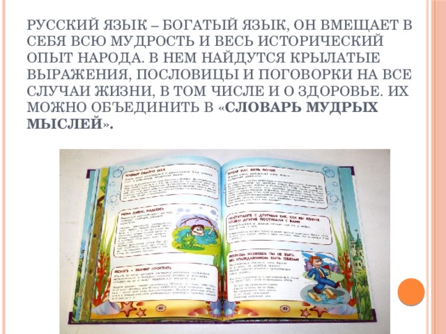 Русский язык – богатый язык, он вмещает в себя всю мудрость и весь исторический опыт народа. В нем найдутся крылатые выражения, пословицы и поговорки на все случаи жизни, в том числе и о здоровье. Их можно объединить в  «Словарь мудрых мыслей». 