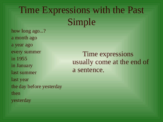 Simple expression. Past simple time expressions. Past времена time expressions. Паст Симпл тайм Экспрешн. Time expressions of past simple Tense.