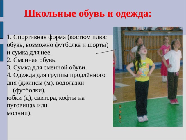 Школьные обувь и одежда:  1. Спортивная форма (костюм плюс обувь, возможно футболка и шорты) и сумка для нее. 2. Сменная обувь. 3. Сумка для сменной обуви. 4. Одежда для группы продлённого дня (джинсы (м), водолазки (футболки), юбки (д), свитера, кофты на пуговицах или молнии). 