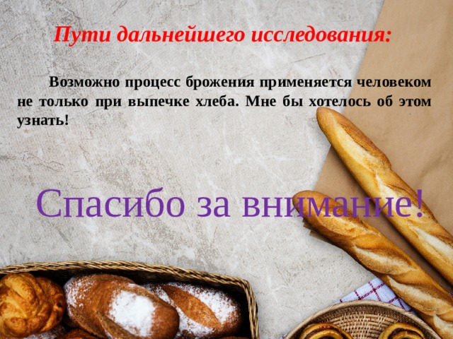 Пути дальнейшего исследования:   Возможно процесс брожения применяется человеком не только при выпечке хлеба. Мне бы хотелось об этом узнать! Спасибо за внимание! 