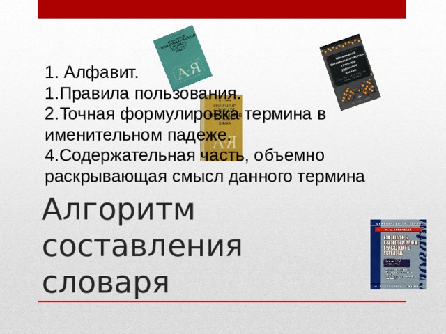 1. Алфавит. Правила пользования. Точная формулировка термина в именительном падеже. 4.Содержательная часть, объемно раскрывающая смысл данного термина Алгоритм составления словаря 