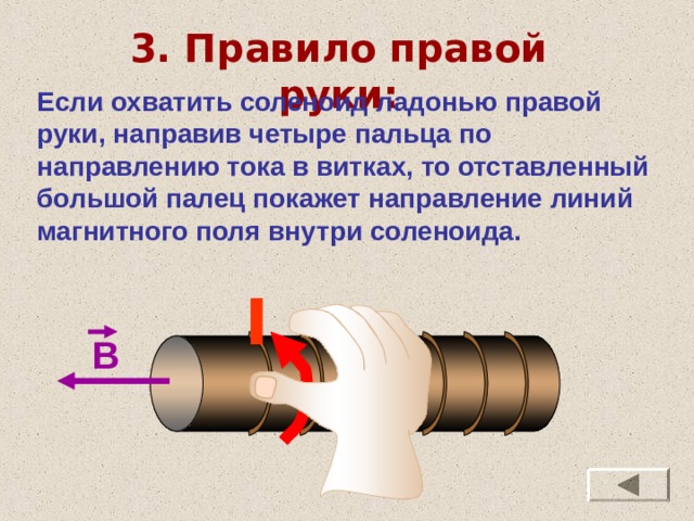 3 . Правило правой руки: Если охватить соленоид ладонью правой руки, направив четыре пальца по направлению тока в витках, то отставленный большой палец покажет направление линий магнитного поля внутри соленоида. I В 