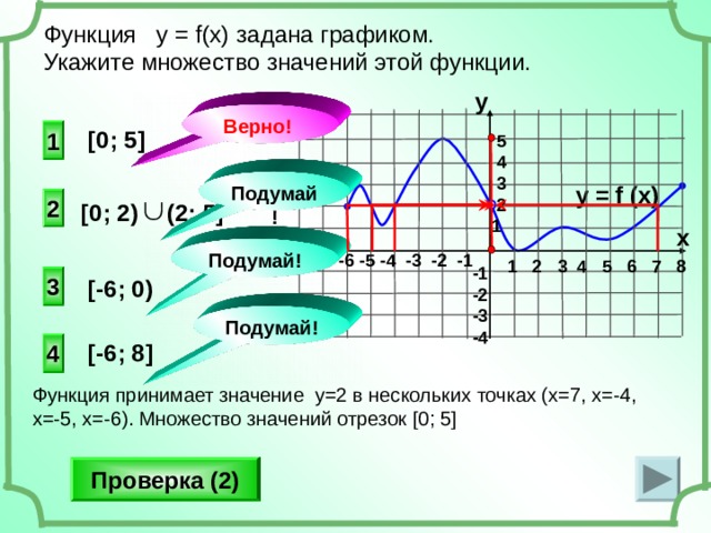 Функция у = f(x) задана графиком. Укажите множество значений этой функции. y Верно!  1 [0 ; 5]  5  4  3  2 1 Подумай! y = f (x) 2   [0; 2)  (2; 5] x Подумай! -7 -6 -5 -4 -3 -2 -1 1 2 3 4 5 6 7 8 -1 -2 -3 -4 3 [-6 ; 0)   Подумай! 4 [-6 ; 8] Функция принимает значение у=2 в нескольких точках (х=7, х=-4, х=-5, х=-6). Множество значений отрезок [0; 5] Проверка (2)