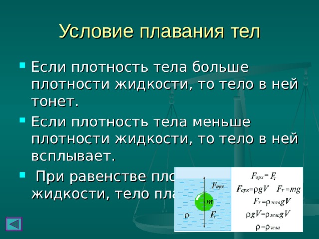 Условие плавания тел Если плотность тела больше плотности жидкости, то тело в ней тонет. Если плотность тела меньше плотности жидкости, то тело в ней всплывает.  При равенстве плотностей тела и жидкости, тело плавает. 