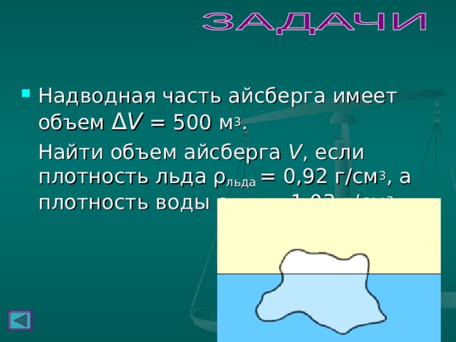 Надводная часть айсберга имеет объем Δ V  = 500 м 3 .  Найти объем айсберга V , если плотность льда ρ льда = 0,92 г/см 3 , а плотность воды ρ воды = 1,03 г/см 3 .  