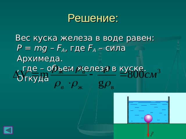 Решение:  Вес куска железа в воде равен:  P = mg – F A , где F A – сила Архимеда.  , где – объем железа в куске. Откуда  
