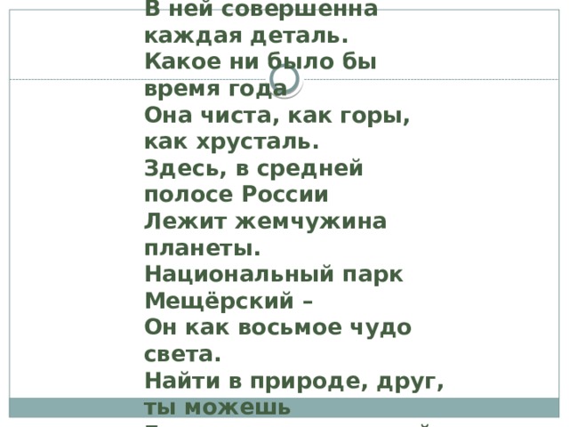 О, как красива русская природа! В ней совершенна каждая деталь. Какое ни было бы время года Она чиста, как горы, как хрусталь. Здесь, в средней полосе России Лежит жемчужина планеты. Национальный парк Мещёрский – Он как восьмое чудо света. Найти в природе, друг, ты можешь Гармонию души своей. Национальный парк Мещёрский – К здоровью, к счастью наша дверь. Денис Устинов 