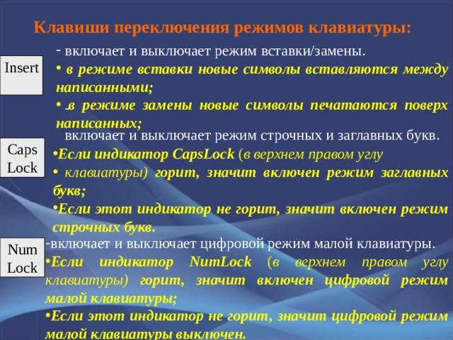 Клавиши переключения режимов клавиатуры:  включает и выключает режим вставки/замены.  в режиме вставки новые символы вставляются между написанными;  в режиме замены новые символы печатаются поверх написанных; Insert - включает и выключает режим строчных и заглавных букв. Caps Lock Если индикатор CapsLock  ( в верхнем правом углу  клавиатуры) горит, значит включен режим заглавных букв; Если этот индикатор не горит, значит включен режим строчных букв.  включает и выключает цифровой режим малой клавиатуры. Если индикатор NumLock  ( в верхнем правом углу клавиатуры) горит, значит включен цифровой режим малой клавиатуры; Если этот индикатор не горит, значит цифровой режим малой клавиатуры выключен.   Num Lock 