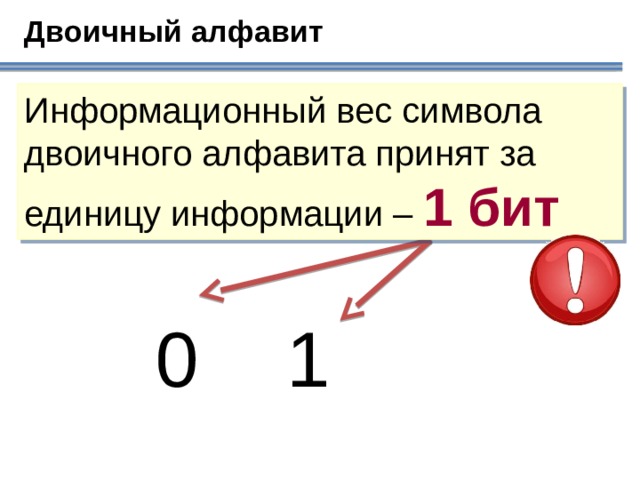Двоичный алфавит Информационный вес символа двоичного алфавита принят за единицу информации – 1 бит Бит – минимальная единица информации 0 1  