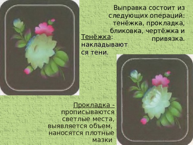 Выправка состоит из следующих операций: тенёжка, прокладка, бликовка, чертёжка и привязка. Тенёжка : накладываются тени. Прокладка - прописываются светлые места, выявляется объем, наносятся плотные мазки