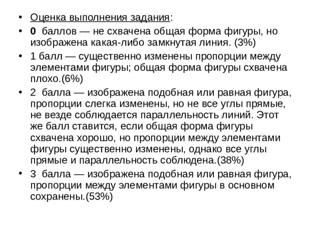 Оценка выполнения задания : 0 баллов — не схвачена общая форма фигуры, но изображе­на какая-либо замкнутая линия. (3%) 1 балл — существенно изменены пропорции между элемен­тами фигуры; общая форма фигуры схвачена плохо.(6%) 2 балла — изображена подобная или равная фигура, про­порции слегка изменены, но не все углы прямые, не везде соблюдается параллельность линий. Этот же балл ставится, если общая форма фигуры схвачена хорошо, но пропорции между элементами фигуры существенно изменены, однако все углы прямые и параллельность соблюдена.(38%) 3 балла — изображена подобная или равная фигура, пропорции между элементами фигуры в основном сохранены.(53%)  