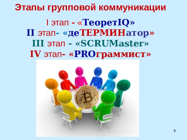 Этапы групповой коммуникации I этап  - « Теорет IQ » II  этап - « де ТЕРМИН атор » III  этап  - « SCRUMaster » IV  этап - « PRO граммист»  