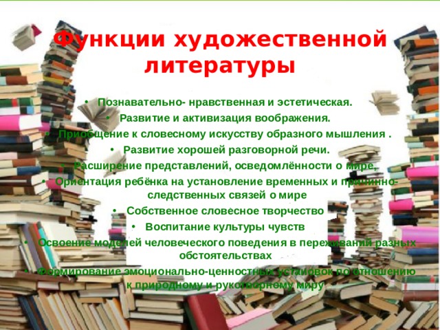 Функции художественной литературы Познавательно- нравственная и эстетическая. Развитие и активизация воображения. Приобщение к словесному искусству образного мышления . Развитие хорошей разговорной речи. Расширение представлений, осведомлённости о мире, Ориентация ребёнка на установление временных и причинно-следственных связей о мире Собственное словесное творчество Воспитание культуры чувств Освоение моделей человеческого поведения в переживаний разных обстоятельствах Формирование эмоционально-ценностных установок по отношению к природному и рукотворному миру  