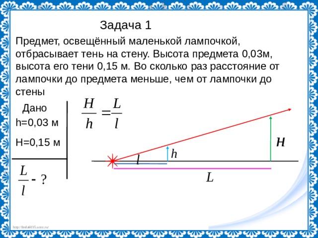 Задача 1 Предмет, освещённый маленькой лампочкой, отбрасывает тень на стену. Высота предмета 0,03м, высота его тени 0,15 м. Во сколько раз расстояние от лампочки до предмета меньше, чем от лампочки до стены Дано h= 0,03  м Н = 0,15  м 