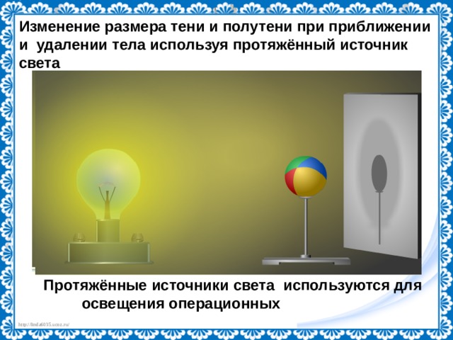 Изменение размера тени и полутени при приближении и удалении тела используя протяжённый источник света Протяжённые источники света используются для  освещения операционных 