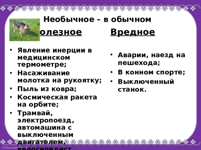 Необычное – в обычном Полезное Вредное Явление инерции в медицинском термометре; Насаживание молотка на рукоятку; Пыль из ковра; Космическая ракета на орбите; Трамвай, электропоезд, автомашина с выключенным двигателем, велосипедист . Аварии, наезд на пешехода; В конном спорте; Выключенный станок. 