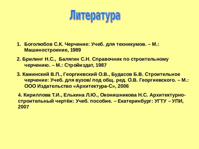 Боголюбов С.К. Черчение: Учеб. для техникумов. – М.: Машиностроение, 1989 2. Брилинг Н.С., Балягин С.Н. Справочник по строительному черчению. – М.: Стройиздат, 1987 3. Каминский В.П., Георгиевский О.В., Будасов Б.В. Строительное черчение: Учеб. для вузов/ под общ. ред. О.В. Георгиевского. – М.: ООО Издательство «Архитектура-С», 2006 4. Кириллова Т.И., Елькина Л.Ю., Оконишникова Н.С. Архитектурно-строительный чертёж: Учеб. пособие. – Екатеринбург: УГТУ – УПИ, 2007 