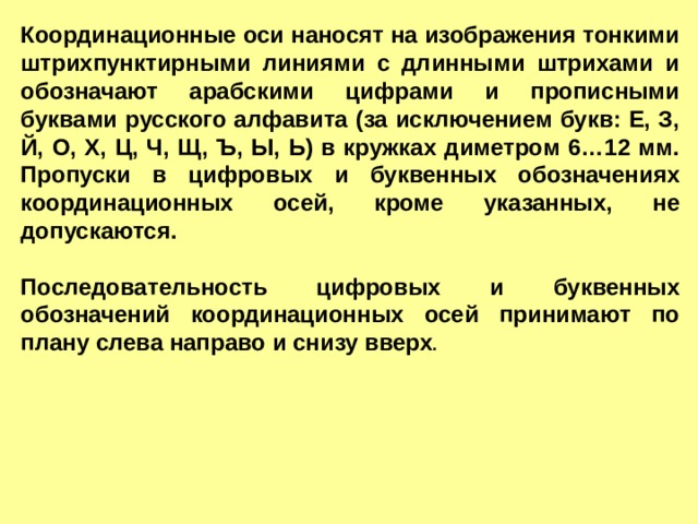 Координационные оси наносят на изображения тонкими штрихпунктирными линиями с длинными штрихами и обозначают арабскими цифрами и прописными буквами русского алфавита (за исключением букв: Е, З, Й, О, Х, Ц, Ч, Щ, Ъ, Ы, Ь) в кружках диметром 6…12 мм. Пропуски в цифровых и буквенных обозначениях координационных осей, кроме указанных, не допускаются. Последовательность цифровых и буквенных обозначений коорди­национных осей принимают по плану слева направо и снизу вверх . 
