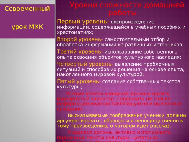  Уровни сложности домашней работы Первый уровень- воспроизведение информации, содержащейся в учебных пособиях и хрестоматиях; Второй уровень- самостоятельный отбор и обработка информации из различных источников; Третий уровень- использование собственного опыта освоения объектов культурного наследия; Четвертый уровень- выявление проблемных ситуаций и способов их решения на основе опыта, накопленного мировой культурой; Пятый уровень- создание собственных текстов культуры;  Устные ответы учащихся должны носить развернутый характер, содержать не только информационную составляющую но и оценочные суждения .  Высказываемые соображения ученики должны аргументировать, обращаться непосредственно к тому произведению, о котором идет рассказ.  Учащиеся должны активно использовать подлинные тексты культуры- цитаты из литературных произведений, исторических документов, воспоминаний и пр. Современный урок МХК  