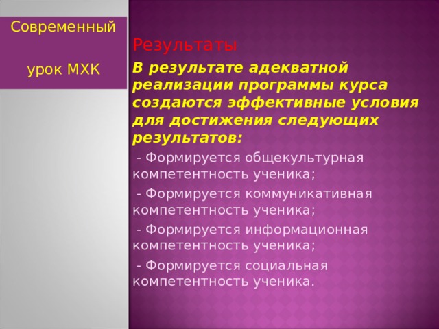 Результаты В результате адекватной реализации программы курса создаются эффективные условия для достижения следующих результатов:  - Формируется общекультурная компетентность ученика;  - Формируется коммуникативная компетентность ученика;  - Формируется информационная компетентность ученика;  - Формируется социальная компетентность ученика. Современный урок МХК  