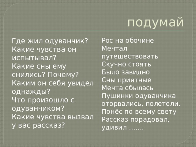 подумай Рос на обочине Где жил одуванчик? Мечтал путешествовать Какие чувства он испытывал? Какие сны ему снились? Почему? Скучно стоять Каким он себя увидел однажды? Было завидно Что произошло с одуванчиком? Сны приятные Какие чувства вызвал у вас рассказ? Мечта сбылась Пушинки одуванчика оторвались, полетели. Понёс по всему свету Рассказ порадовал, удивил ……. 