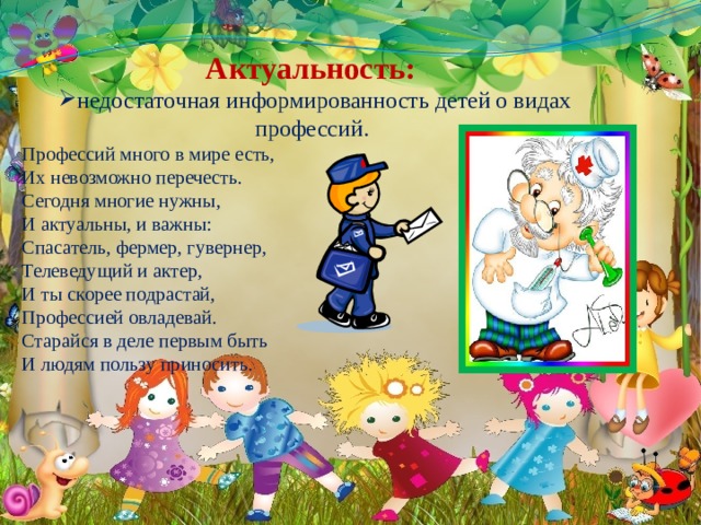    Актуальность:   недостаточная информированность детей о видах профессий.   Профессий много в мире есть,  Их невозможно перечесть.  Сегодня многие нужны,  И актуальны, и важны:  Спасатель, фермер, гувернер,  Телеведущий и актер,  И ты скорее подрастай,  Профессией овладевай.  Старайся в деле первым быть  И людям пользу приносить.    