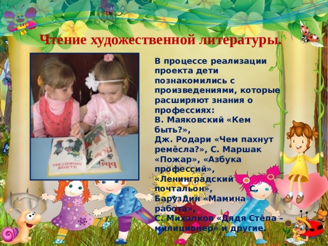  Чтение художественной литературы.   В процессе реализации проекта дети познакомились с произведениями, которые расширяют знания о профессиях: В. Маяковский «Кем быть?», Дж. Родари «Чем пахнут ремёсла?», С. Маршак «Пожар», «Азбука профессий», «Ленинградский почтальон», С. Баруздин «Мамина работа», С. Михалков «Дядя Стёпа – милиционер» и другие. 