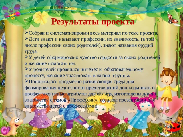 Результаты проекта Собран и систематизирован весь материал по теме проекта. Дети знают и называют профессии, их значимость, (в том числе профессии своих родителей), знают названия орудий труда. У детей сформировано чувство гордости за своих родителей и желание помогать им. У родителей проявился интерес к образовательному процессу, желание участвовать в жизни группы. Пополнилась предметно-развивающая среда для формирования целостности представлений дошкольников о профессиях(новые атрибуты для с/р игр, изготовлены д/и по знакомству с темой «Профессии», созданы презентации для знакомства детей с профессиями). 