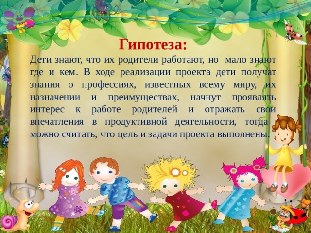    Гипотеза: Дети знают, что их родители работают, но мало знают где и кем. В ходе реализации проекта дети получат знания о профессиях, известных всему миру, их назначении и преимуществах, начнут проявлять интерес к работе родителей и отражать свои впечатления в продуктивной деятельности, тогда можно считать, что цель и задачи проекта выполнены.  