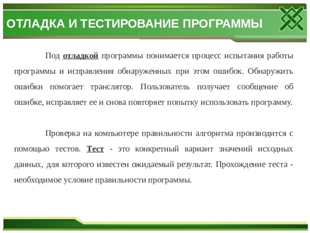 При решении задачи на компьютере на этапе отладки программы не выполняется