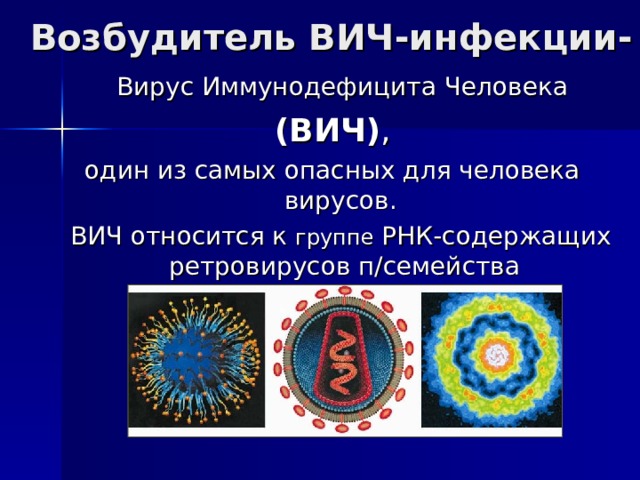 Возбудитель ВИЧ-инфекции-  Вирус Иммунодефицита Человека (ВИЧ) , один из самых опасных для человека вирусов.  ВИЧ относится к группе РНК-содержащих ретровирусов п/семейства лентивирусов.  
