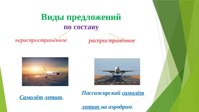 Виды предложений  по составу распространённое Пассажирский самолёт    летит на аэродром . Самолёт  летит . 