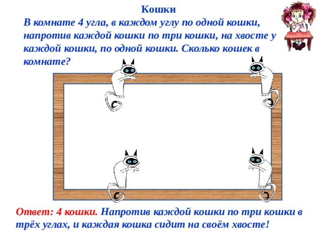 Напротив каждой кошки по три кошки. Четыре кошки по углам. В каждом углу по кошке напротив каждой кошки по три кошки. В комнате 4 угла в каждом углу сидит кошка. Четыре Кушки в четырех углах.