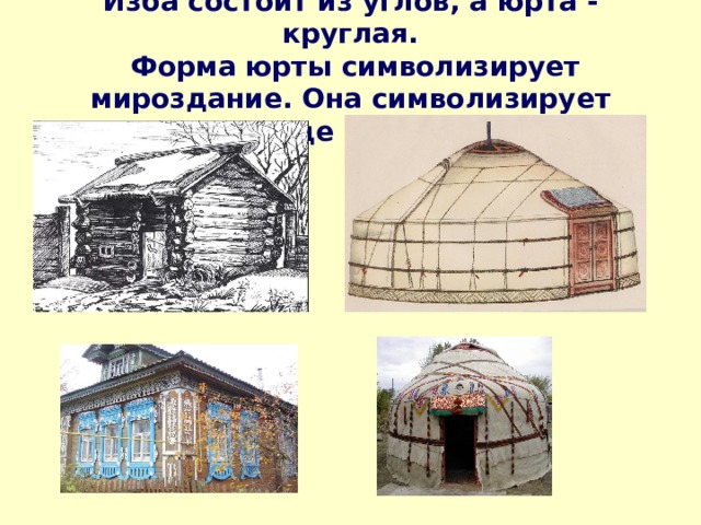 Изба состоит из углов, а юрта - круглая.  Форма юрты символизирует мироздание. Она символизирует также солнце и полную луну. 