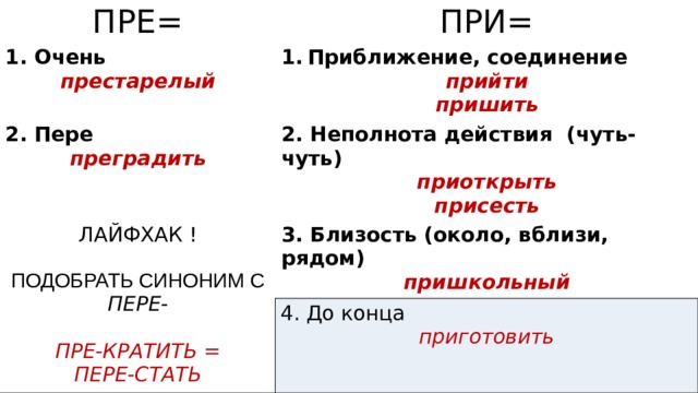 ПРЕ= ПРИ=  Очень престарелый Приближение, соединение 2. Пере прийти преградить 2. Неполнота действия (чуть-чуть) ЛАЙФХАК ! пришить 3. Близость (около, вблизи, рядом) приоткрыть присесть ПОДОБРАТЬ СИНОНИМ С пришкольный пригород ПЕРЕ-  ПРЕ-КРАТИТЬ = ПЕРЕ-СТАТЬ P.S. Значение «в чьих-то интересах» можно не детализировать, так как слова с этим значением можно объяснить другими смыслами, например, приберечь=неполнота действия, приукрасить= чуть-чуть. В словах с приставкой пре- очень помогает приём подбора синонима с приставкой пере-. 4. До конца приготовить  