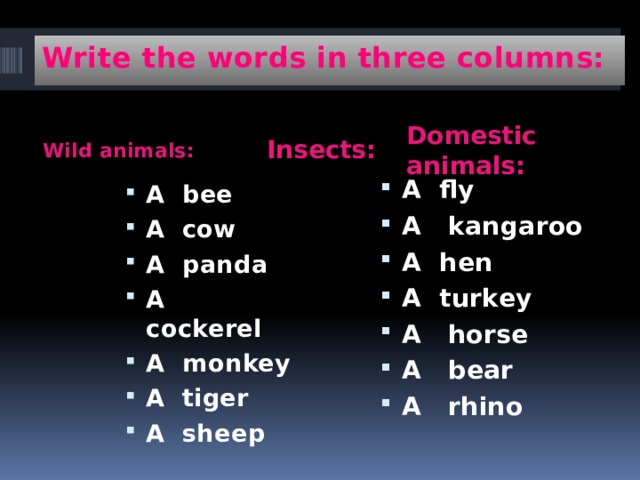 Write the words in three columns: Wild animals: Domestic animals: Insects: A fly A kangaroo A hen A turkey A horse A bear A rhino A bee A cow A panda A cockerel A monkey A tiger A sheep 